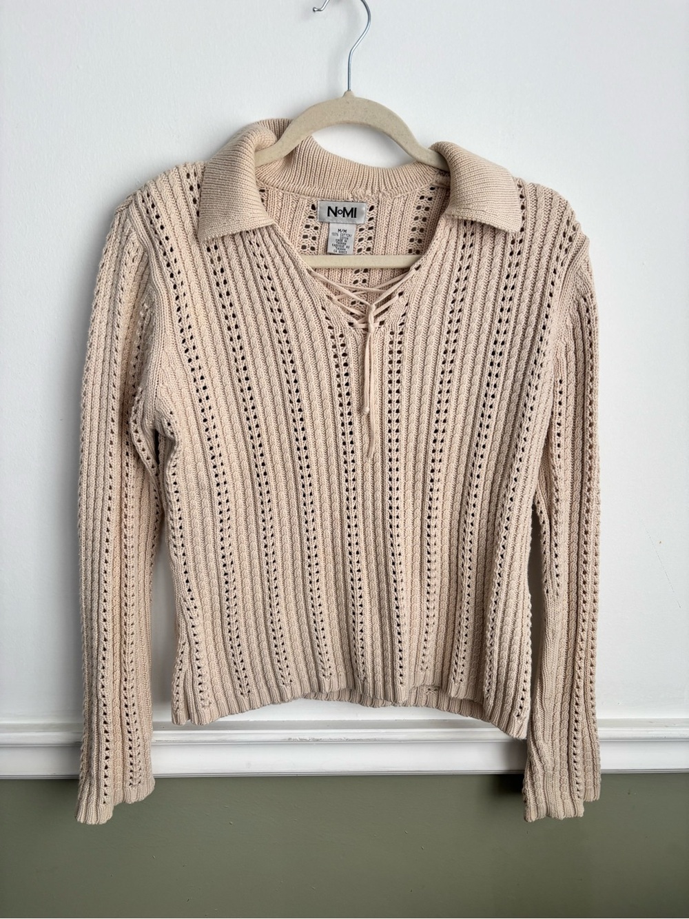 NoMi Chic Cream Open-Knit Lace-Up V-Neck Sweater- 100% Cotton- Size Medium